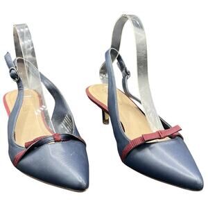 ✨ Charter Club US W7.5M Navy Slingback Kitten Heels Red Plaid Bow Y2K Prep Retro